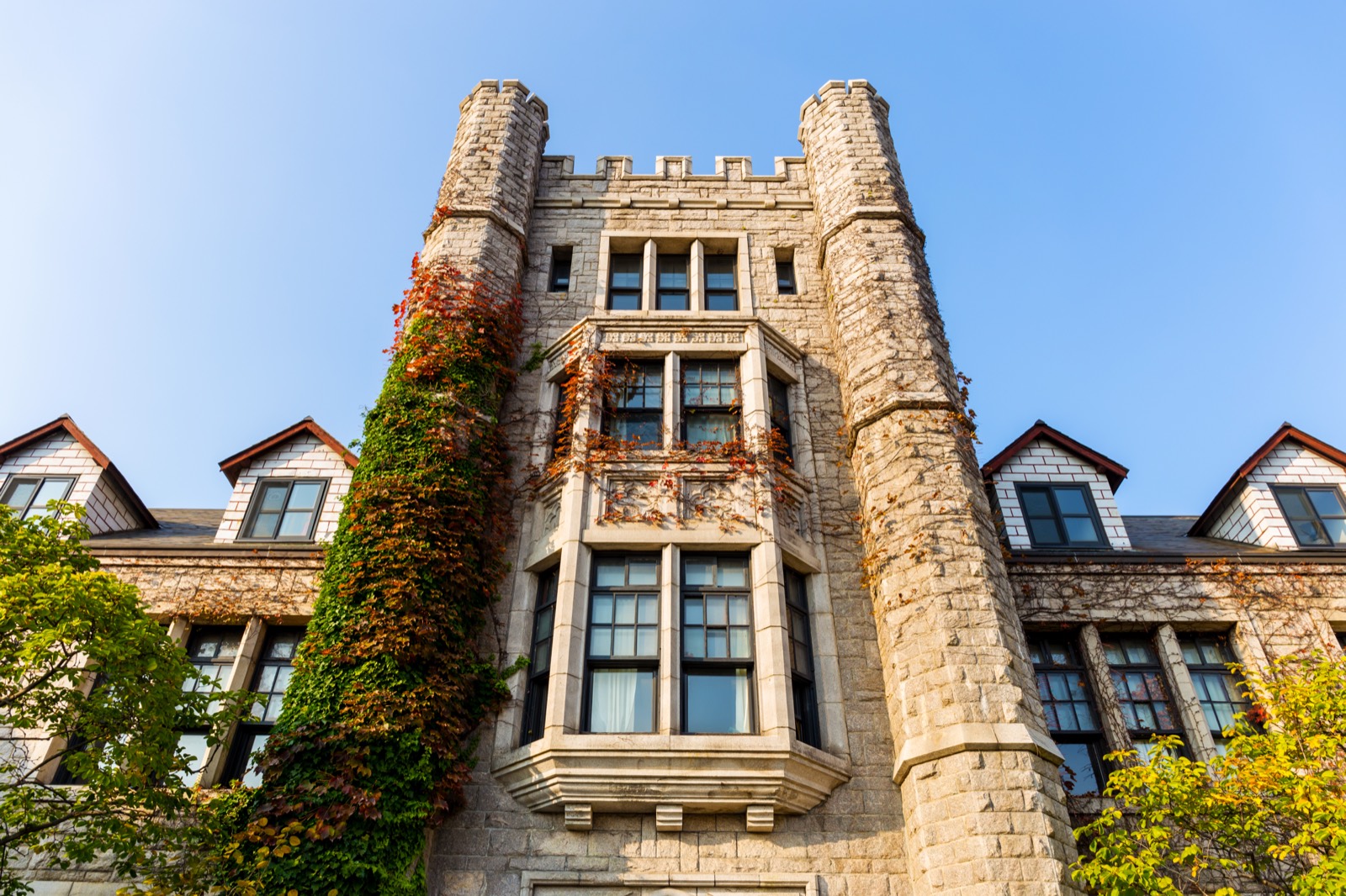 Historic building with vines against a blue sky